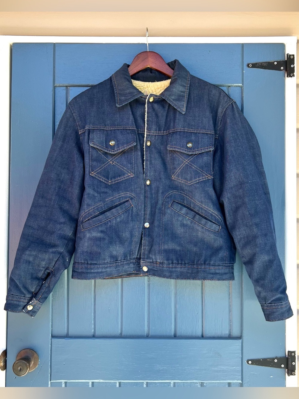 Vintage UNITED PIONEER raw denim/ sherpa trucker/biker/western/winter jacket L